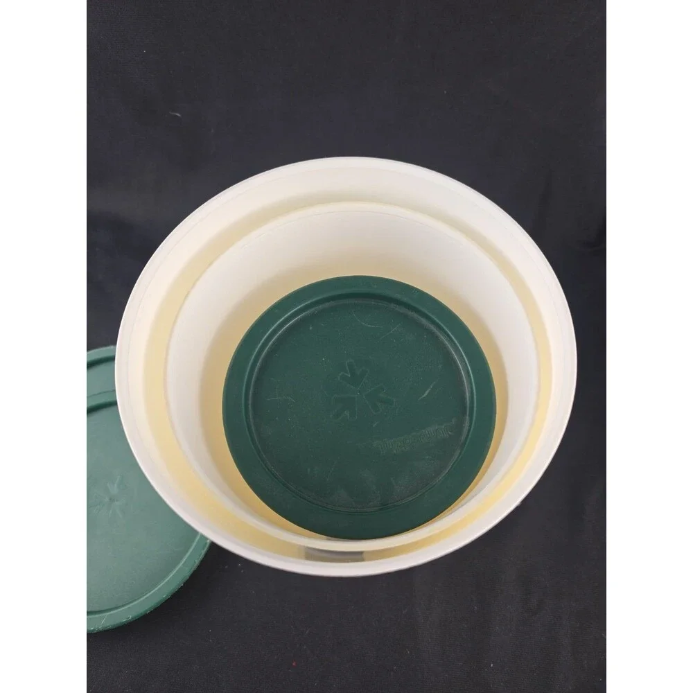 Tupperware White and Green Canister Set of 3 with Lids Cylinder Shape Nesting